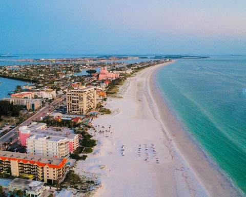 Condominium buildings along St. Pete Beach at dusk