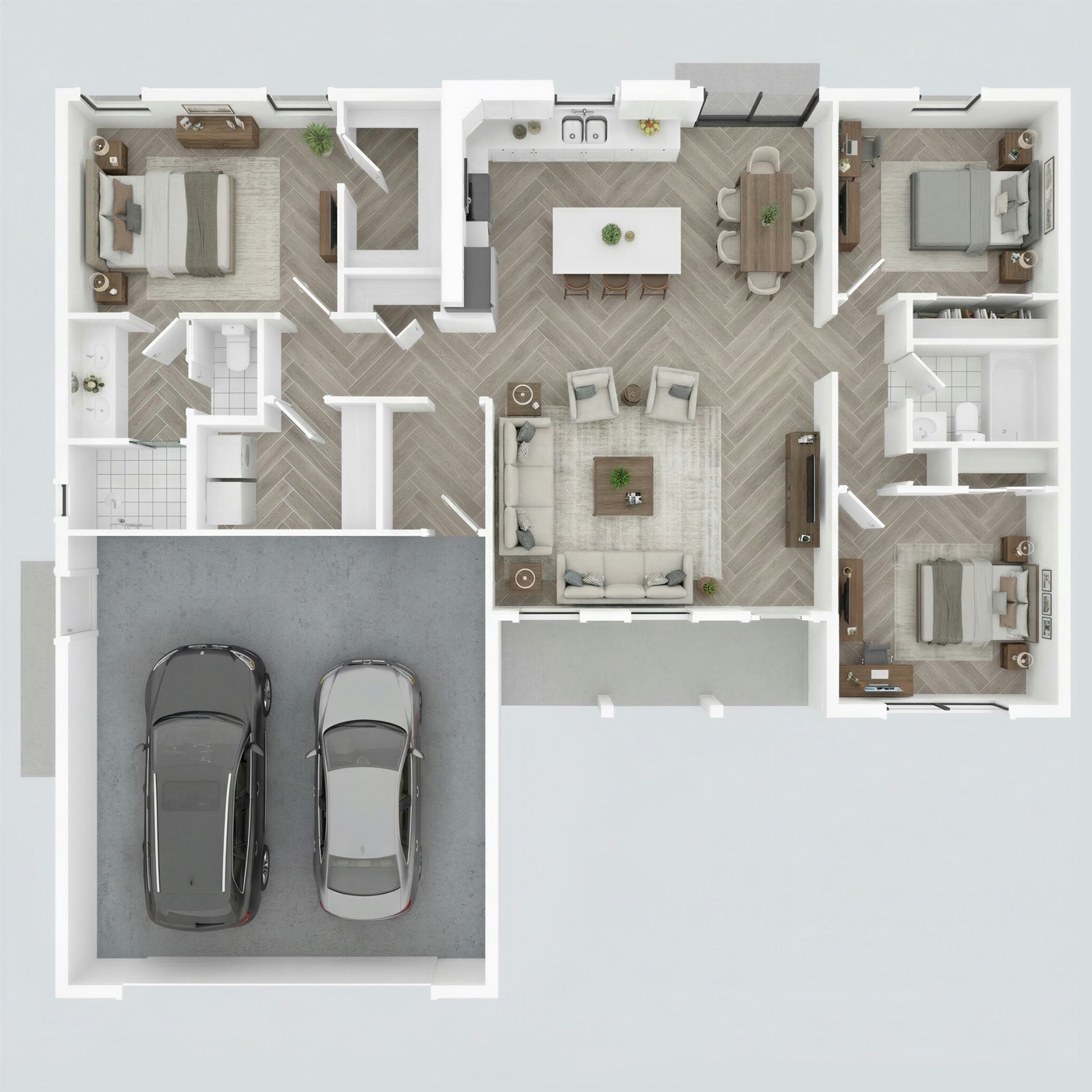 A three-dimensional rendered floor plan of a three bedroom, two bathroom single-storey house with an open kitchen, living and dining area, herringbone floors, and an attached two-car garage