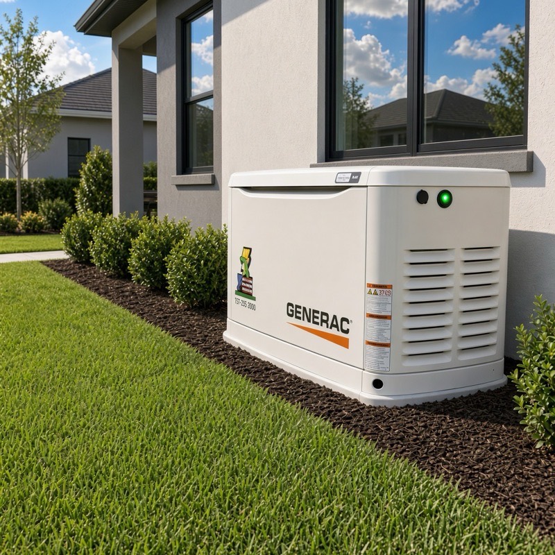A white standby generator on a gravel bed beside the stucco wall of a house, with clipped hedges and lawn in front of it
